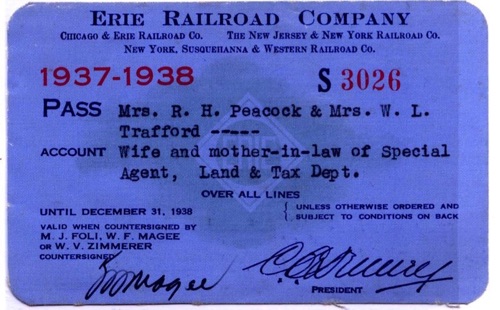Mrs. R. H. Peacock & Mrs. W. L. Trafford, Wife and mother-in-law of Special Agent, Land & Tax Dept.Erie Railroad Pass. 1937-1938. chs-4650.